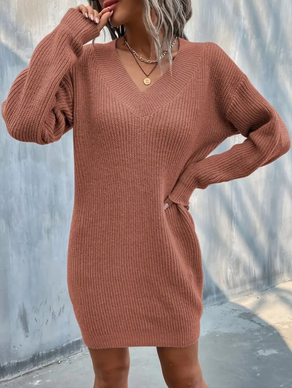 Dreamers Ribbed V-Neck Longline Sweater - Dusty Rose